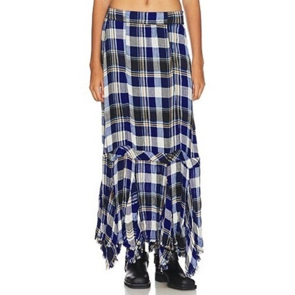 Free People Blue, White and Black Plaid Handkerchief Maxi Skirt